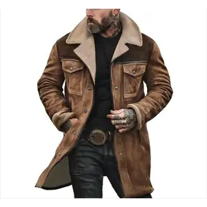Mens Western Cowboy Jacket Vintage Suede Jacket Long Trench Coats  Cowboy Peacoat Retro Tops Casual Menswear Shirt Soft Fleece Hoodie jacket western clothing jackets letterman jacket western clothing windbreakers Leather Winter Streetwear Beige Crewneck