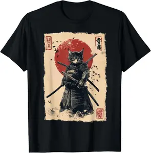 Vintage Japanese Art anime graphic samurai cat warrior T-Shirt Pure Cotton Graphic Tees Menswear Top: Gifts for Men & Women Sleeves Streetwear