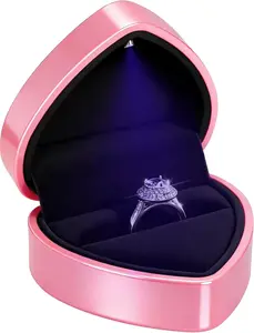 Engagement Ring Box with LED Lighted, Heart Shaped Jewelry Velvet Ring Box for Wedding Rings, Ceremony, Proposal, Anniversary Birthday