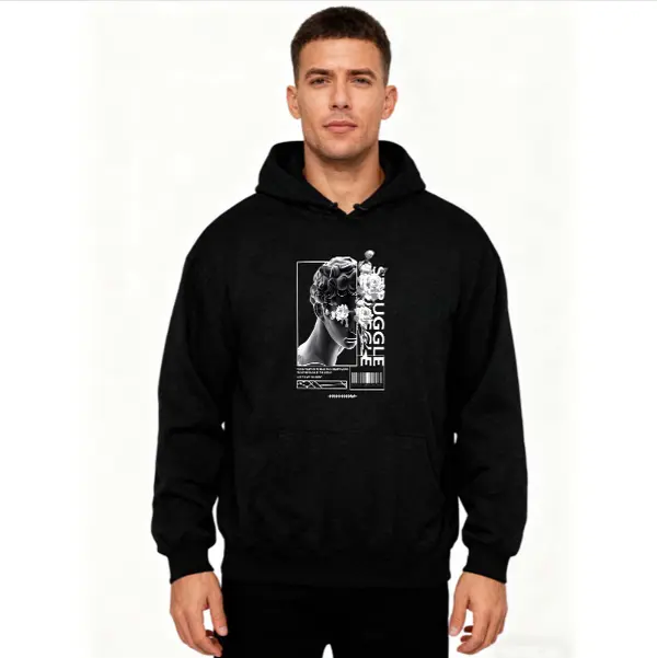 270g Fleece Hooded Drawstring Sweatshirt with Ugg Statue Print - Comfortable Round Neck, Suitable for Outdoor Activities, Long-Sleeved Printed Sweatshirt with All-Season Versatile Style