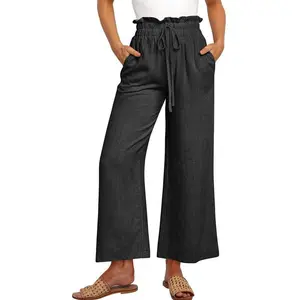 Women's Linen Pants Summer Wide Leg Casual Loose Drawstring Capri Palazzo Trousers with Pockets teacher outfits  Basic Cute Womenswear Bottom WidelegGift