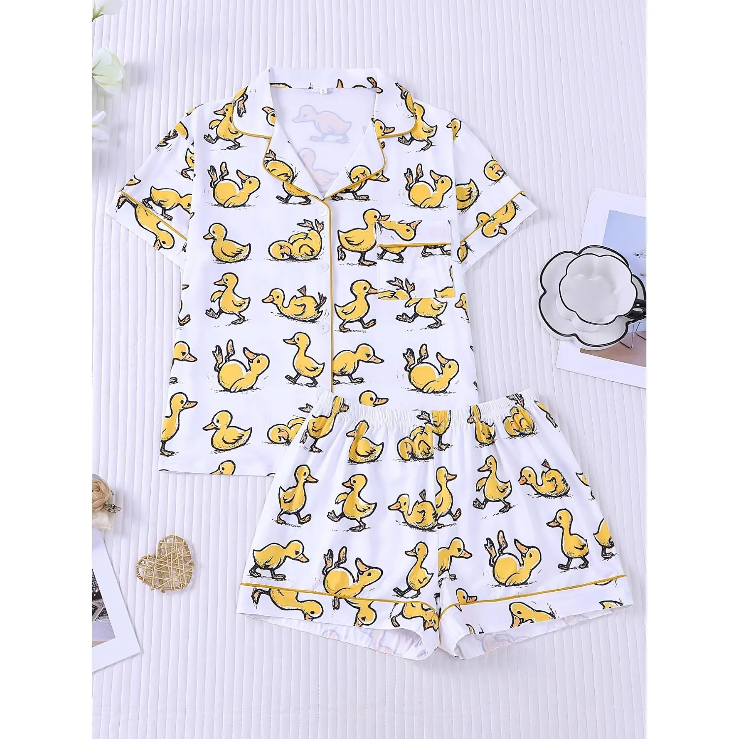 Women's Summer Pajama Set - Adorable Yellow Duck Print Short Sleeve Cardigan and Shorts