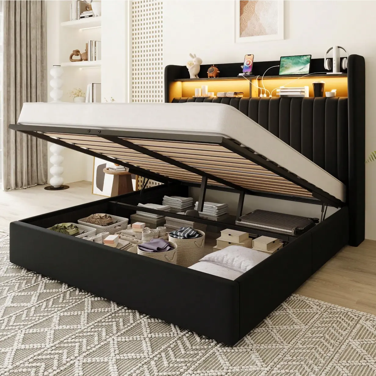 Allewie Full Size Strong Platform Bed Frame - Space-Saving Lift-Up Storage, LED Light Headboard, USB Port, Modern Velvet Bed (Available in Queen, King Sizes), Storage Bed
