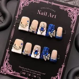 10 pieces of Y2K shiny-style duckbill-shaped nail stickers, handmade, available in various designs, blue, decorated with handmade wreaths, bows, and gold patterns. Medium length, suitable for women and girls, ideal for festive wear, attending events, DIY