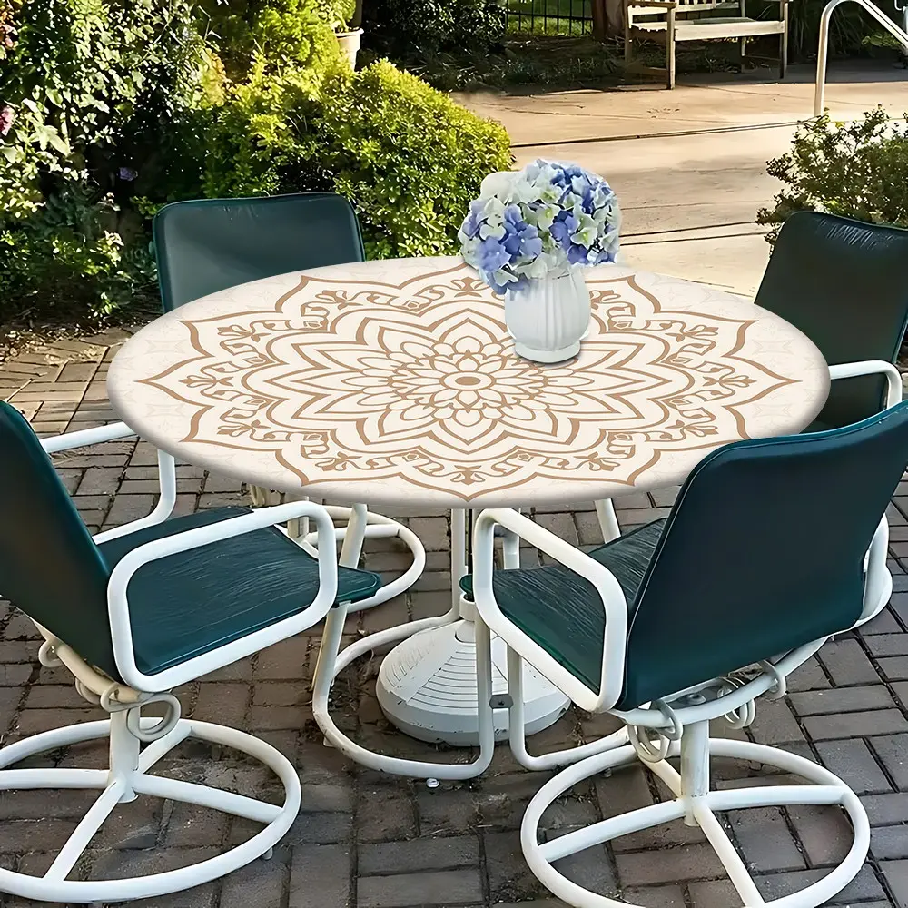 1PC Bohemian Mandala Elastic Round Tablecloth, Elastic Edges, Lightweight Fashion Design, Artistic Touch, Perfect for Picnic, Camping, Party, Restaurant, Kitchen, Outdoor, Versatile Use