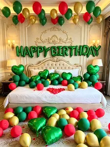 593pcs Dark Green Festive Balloon Set with Red-Gold Accents, Glossy Round/Hearts/Irregular Aluminium Balloons & 500 Flower Petals for Weddings, Birthdays, Party Decorations
