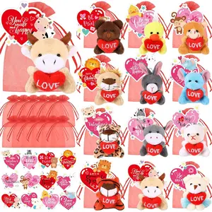 36 Pcs Valentine's Day Classroom Gifts for Kids, 12 Set Valentine Mini Stuffed Animals Plush Toy with Heart Cards Bags for Students Exchange Gift Valentine Party Favors Goodie Bag Stuffers