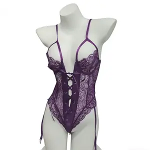 SILIX Purple Lace Bodysuit | Sexy Feminine Lingerie Set Underwear | Form-Fitting | Breathable Lace-Up | Summer Women Sleepwear