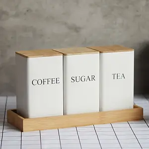 3pcs Tea Coffee Sugar Storage Box Set, Spice Jar, Metal High Capacity Container with Bamboo Lid, Kitchen Organizer for Herbs Spices Candies