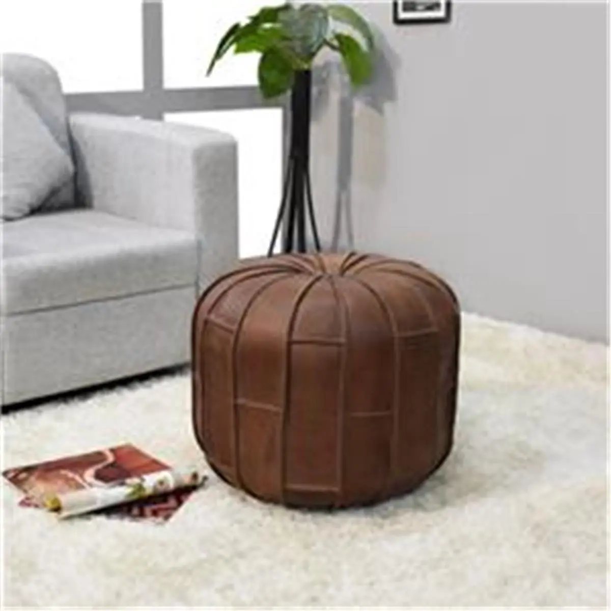 BBH Homes UBBBBACPF27SC04B1HS 18 x 18 x 18 in. Solid Handmade Buffalo Leather Round Pouf, Brown