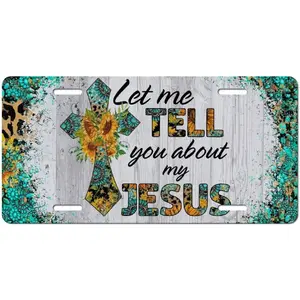 Christian License Plate for Women – Let Me Tell You About My Jesus Floral Cross Turquoise Rustic Western Front Plate 6x12 for Truck SUV