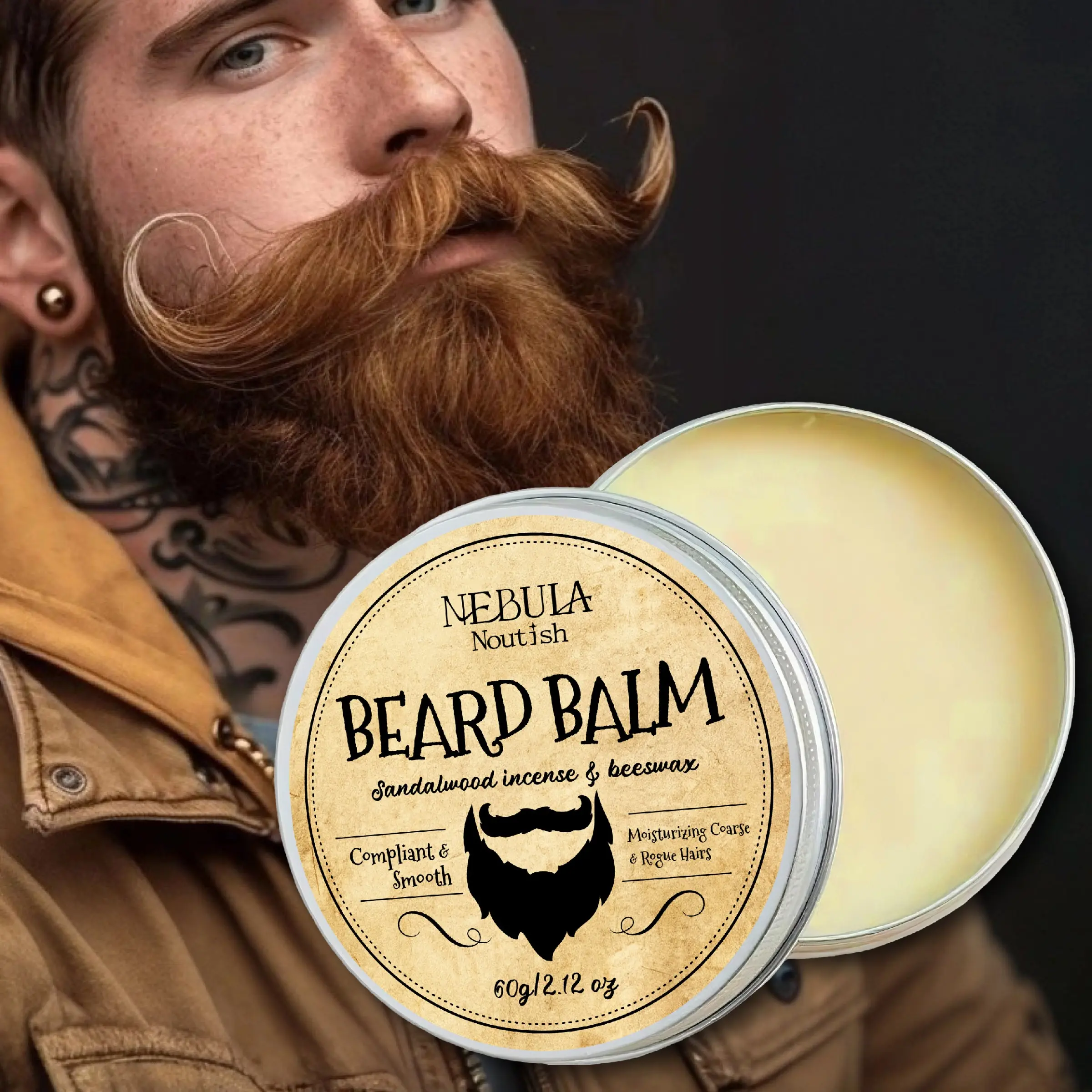 Men's Beard Wax 60g, Natural Beeswax Base, Nourishing & Repairing, Soften Hard Stubble Roots, Portable Business Daily Use Gift, Natural Beard Care, Hair Care