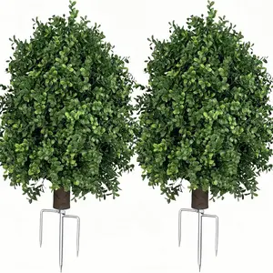 1-Pack Artificial Boxwood Topiary Ball Tree Realistic Touch Dual-Tone UV-Resistant Outdoor Fake Plant with Triangular Stake & Natural Trunk Texture, Faux Topiary Bush for Garden Porch Decor