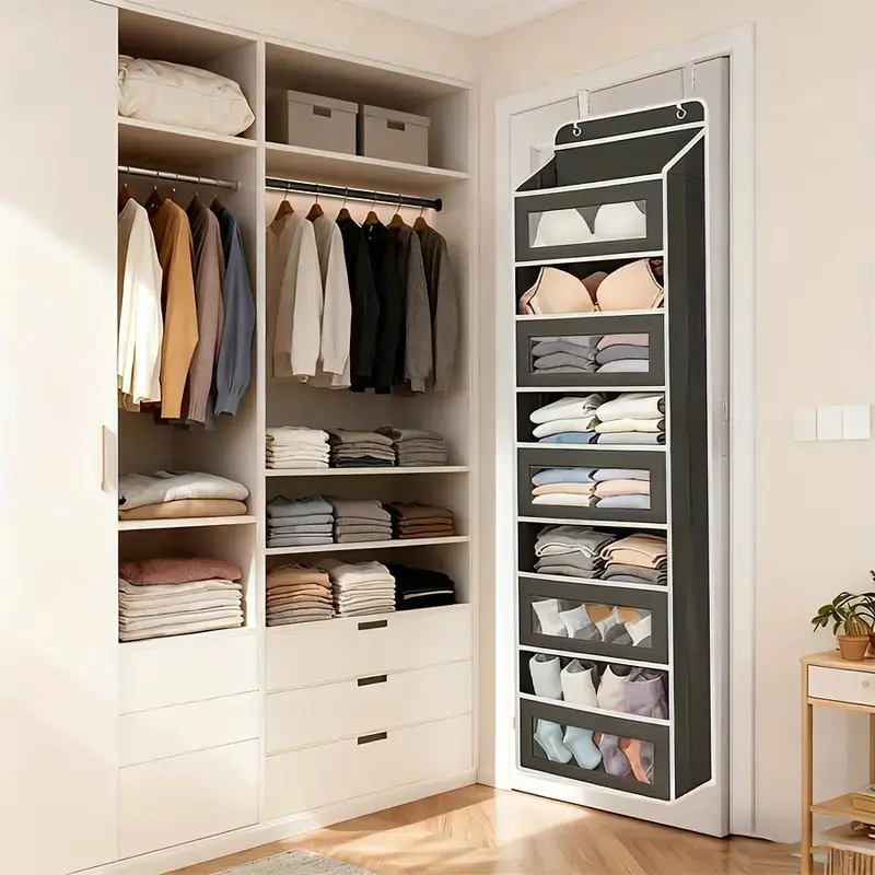 Door Hanging Storage Rack with 5+5 Pockets for Everyday Storage 5 Large Clear & Mesh Side Pockets for Bedrooms Bathrooms & Food Storage Rooms Grey Organizer Set 10 - 15 Kg Capacity Organizing,storage organization,bedroom storage
