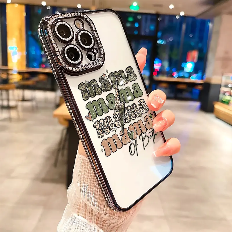 MAMA Rhinestone Decor Smartphone Casing - Shockproof Camera Protector Cover for iPhone 12,13,14,15,16,17, Plus, Pro Max, 17 Air Handheld Cellphone Devices