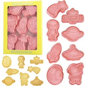 8 Pcs 3D Astronaut Planet Rocket Theme Cookie Cutters with Cookie Stamps for Party Baking