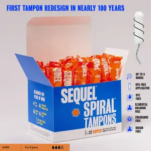 Sequel Spiral Tampons, Super, Non-Toxic Plant Based - 32 Pack