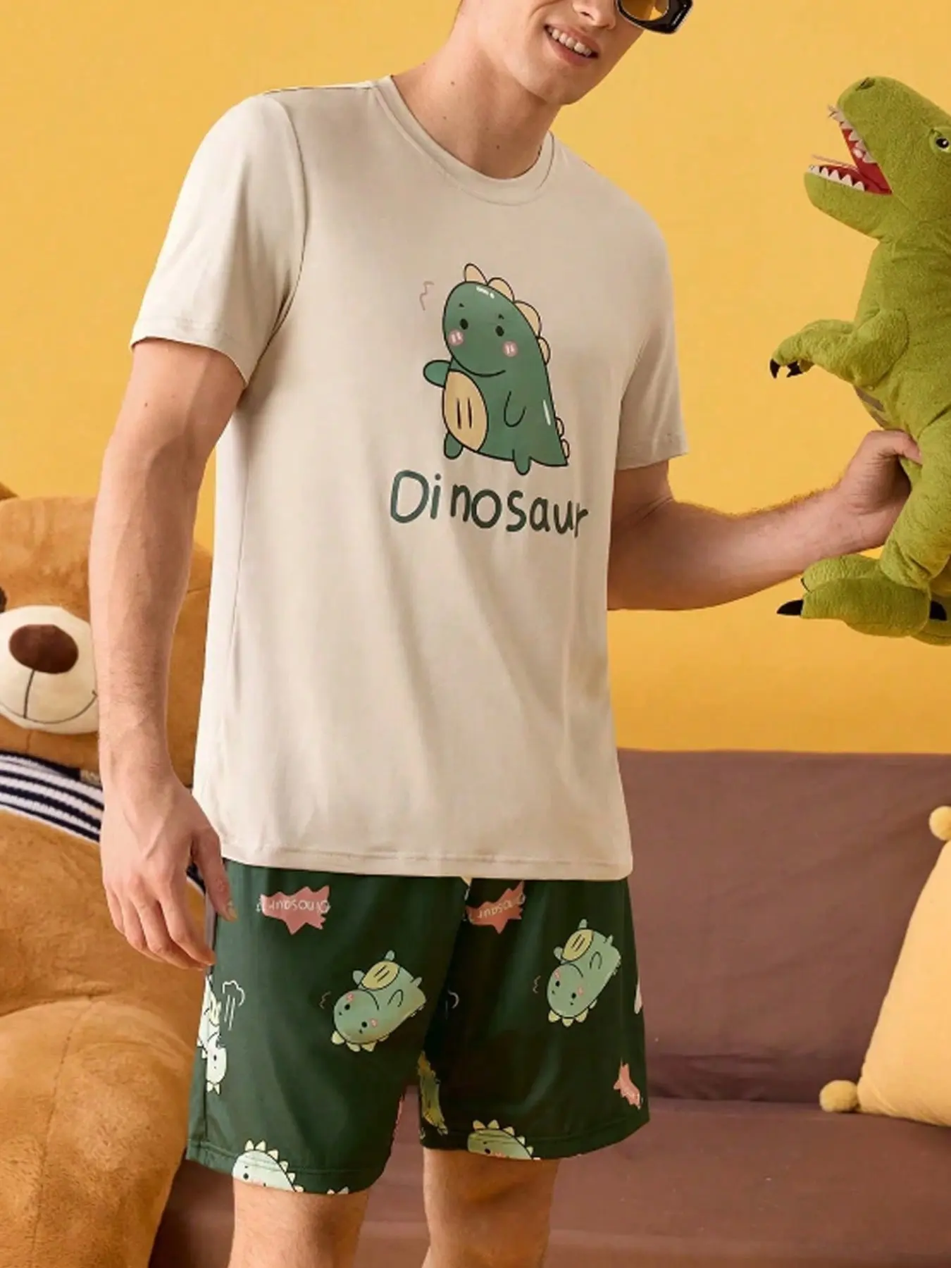 Men's Dinosaur Print Short Sleeve Shorts Homewear Set, Two Piece Loungewear, Casual Comfy Pyjama, Casual Summer, Comfortable Soft Cotton Fabric, Perfect for Relaxing at Home, Pajama, Loungewear, Nightwear, Soft Casual Pajamas, Pjs