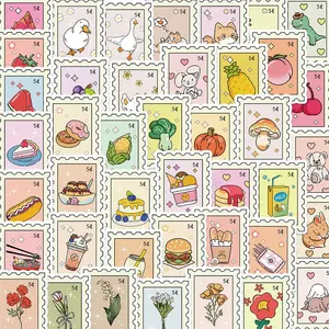 Cartoon Food & Animal Pattern Stamp Sticker, 50pcs/set Cute Stamp Sticker, Stickers For Scrapbooking, DIY Decorative Sticker for Phone Notebook Scrapbook Sticker Packs