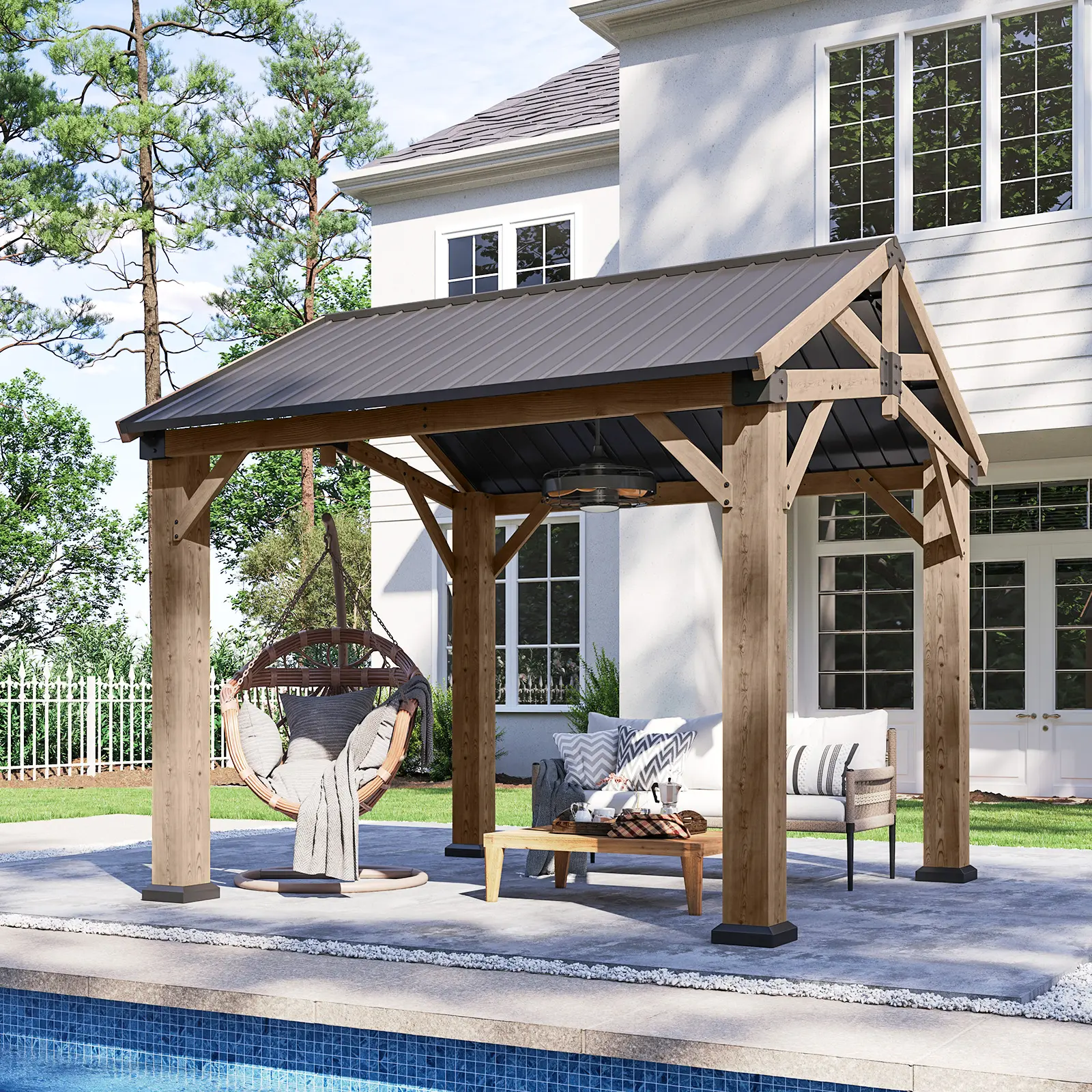Aoxun 10'x10' Permanent Cedar Wood Gazebo, Heavy-Duty Enclosure Garden Building with Galvanized Steel Hardtop Gable Roof for Outdoor Patio, Garden, Backyard, Enclosure Garden Buildings