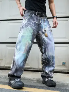 Men's 3D Printed Y2K Graffiti Denim Jeans, Loose Fit Wide Leg, Vintage Washed Look, Street Style, All Seasons Fashion