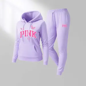 Women's Pink Cartoon Print Hoodie And Drawstring Track Pants Set, Casual Sportswear, Long-Sleeved Hooded Jacket And Pants, Suitable For Autumn And Winter, Everyday Wear, Indoor And Outdoor Sportswear, Casual Sportswear.