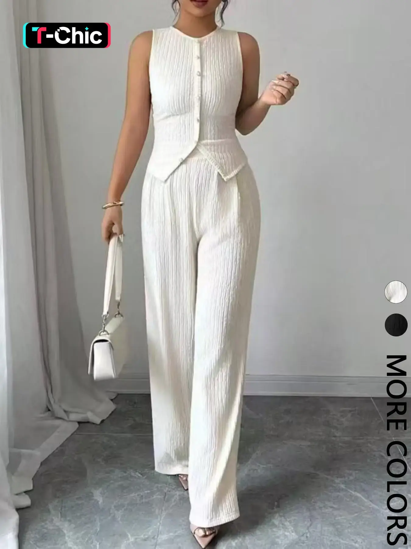 Elegant Commute Style Outfit Set, Sleeveless Round Neck Buttoned Slim Fit Vest + High Waist Loose Straight Leg Pants, 2 Piece, Womenswear