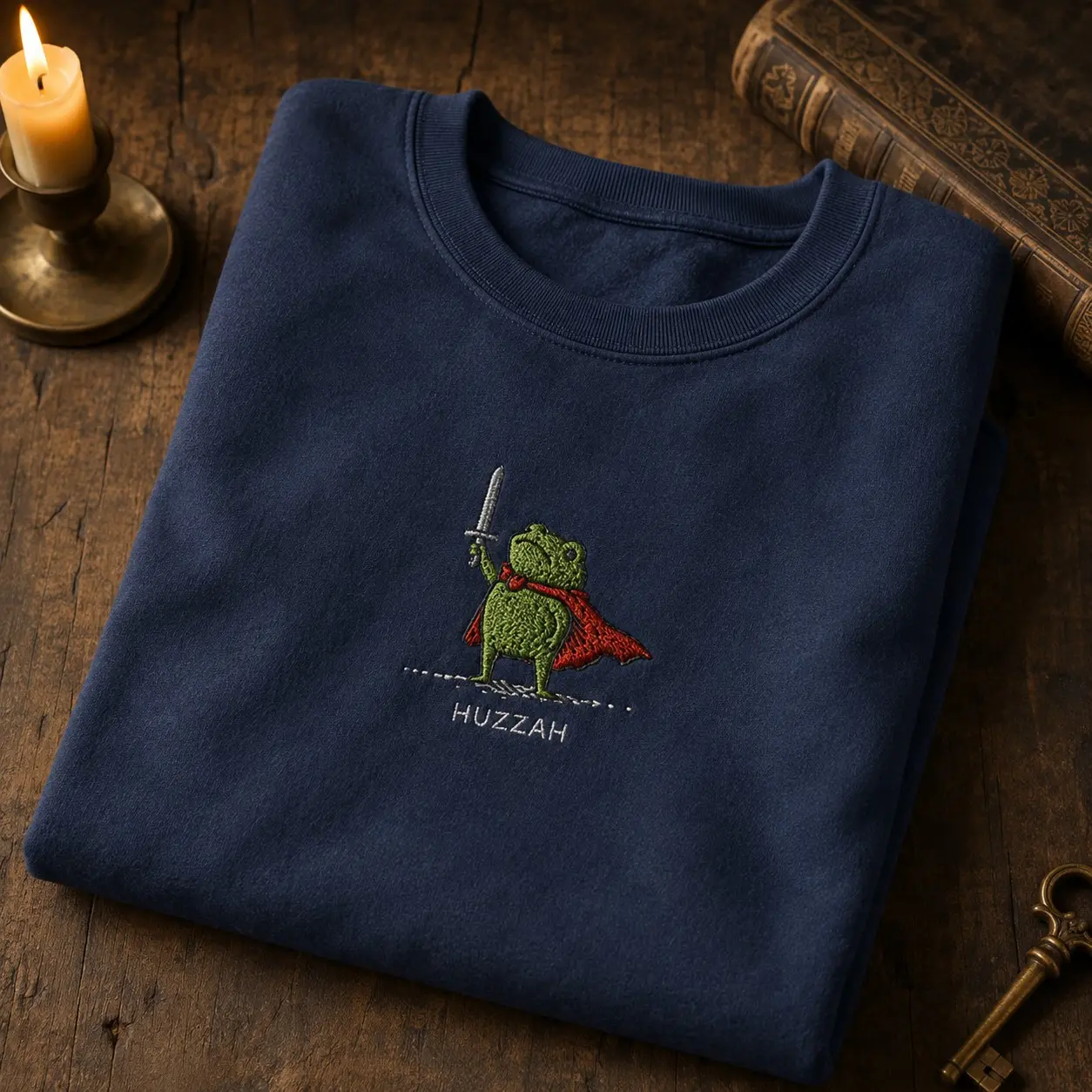 Embroidered Huzzah Frog Sweatshirt, Medieval Knight Frog Pullover, Whimsical Fantasy Crewneck, Cute Froggy Lover Gift