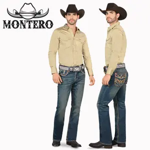 PREMIUM DENIM EMBROIDERY JEANS BEIGE BROWN STITCHING WITH FEUX LEATHER Montero Mt4594 Dark Blue