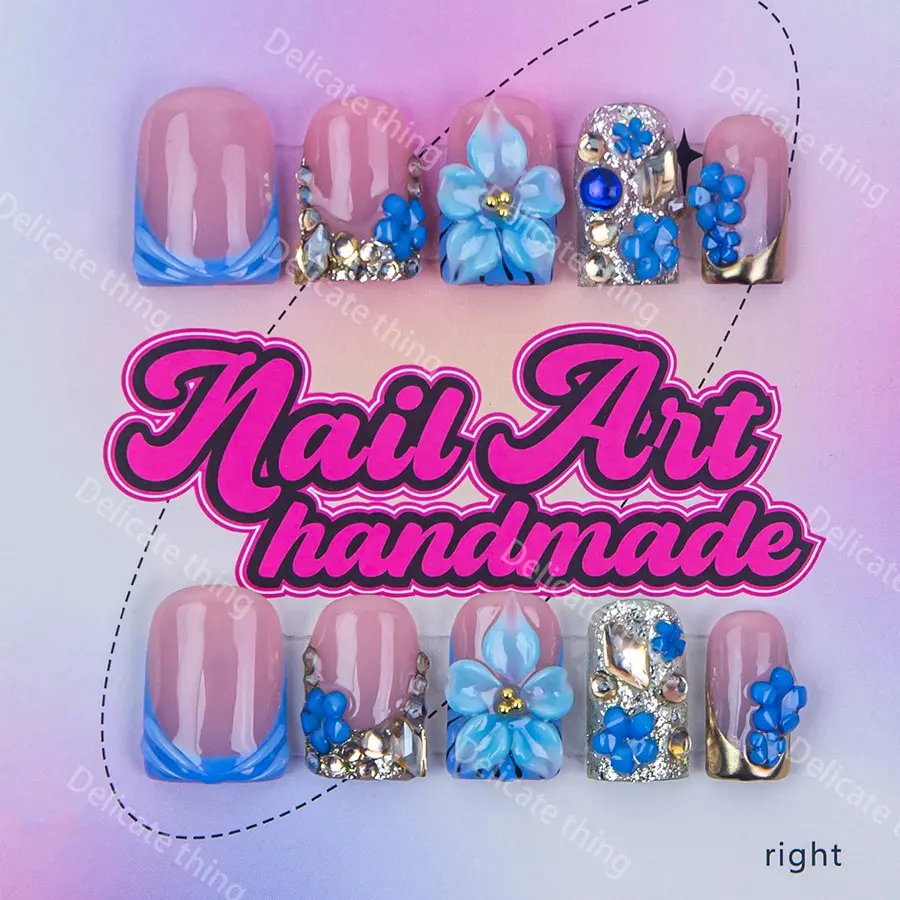 Delicatething Y2K Style Duckbill Nails, Handmade Nail Art, Nail Designs, Decorative Nails, Flower Design Nails, 4 Sizes XS S M L, Blue French Design, Perfect Gift for Women
