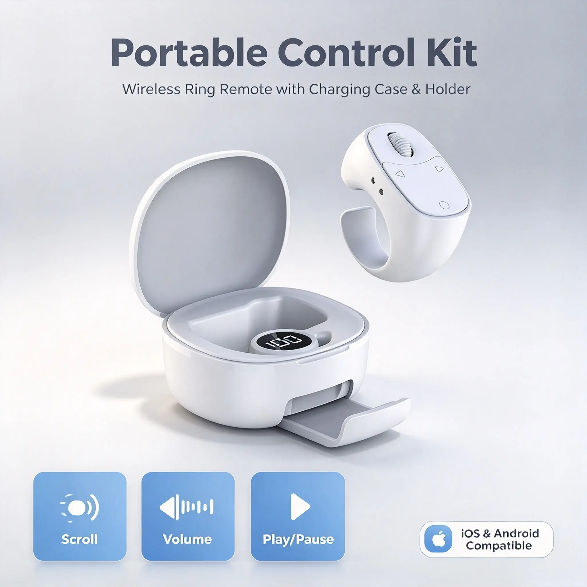 2026 New Wireless Bluetooth Finger Ring Remote, Multi-Function Cellphone/Smartphone Controller for Short Videos & Selfies, Scroll, Volume, Play-Pause & Camera Shutter Controls, Portable Charging Case + Phone Stand Included, iOS & Android Compatible