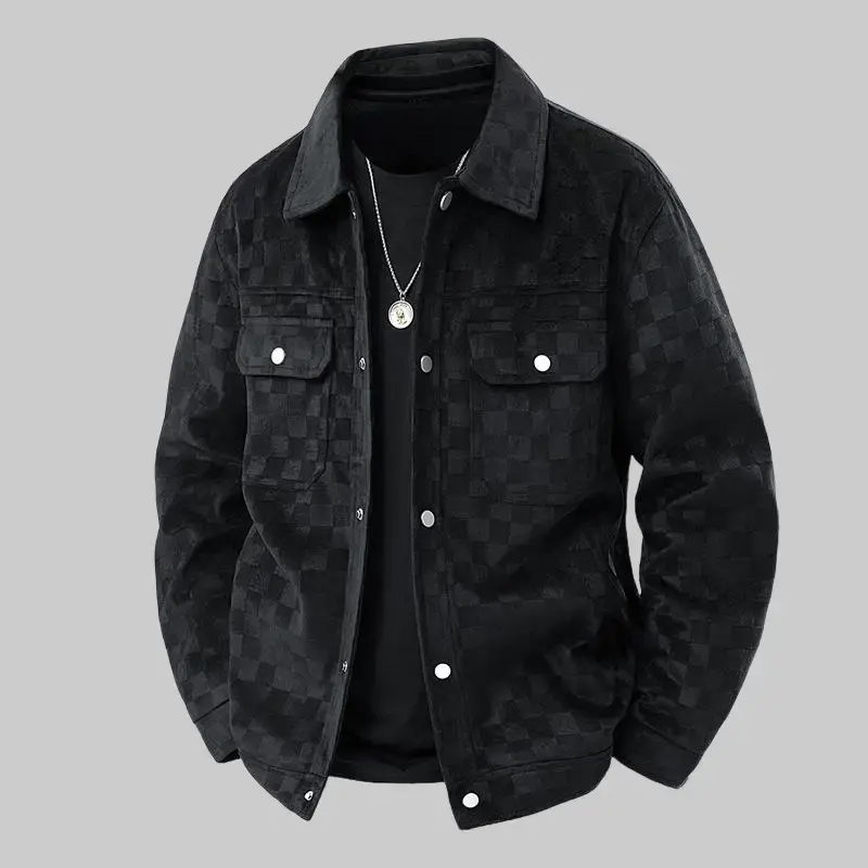 Men's Dark Grid Print Faux Suede Trucker Coat - Menswear Long Sleeve Lapel Collar Outer Jacket with Dual Pockets, Button-Down Design, Lightweight Fall Tops, Casual Street Wear Outerwear