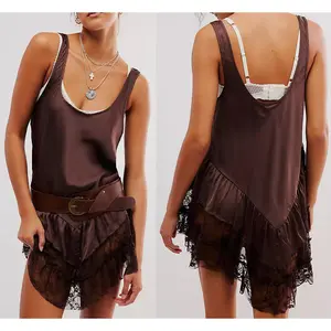Women's Summer Sleevelesss Dress Lace Patchwork Deep U-Neck Backless Mini Loose Dress