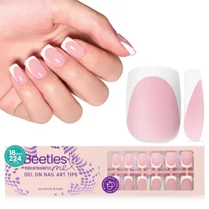 Beetles X Press Plus French Tip Nails - Camellia French | Pink Short Squaval Press On Nails | 16 Sizes 224 Pcs Natural Salon Quality Gel Nail Tips