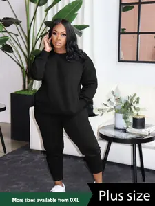 USBOUTIQUECHIC Women's Plus Size Black Fitted Crewneck Sweatshirt & Drawstring Waist Sweatpants Set Casual Round Neck Long Sleeve Pullover & Trousers for Fall Winter Clothing Outfits Minimalist Style
