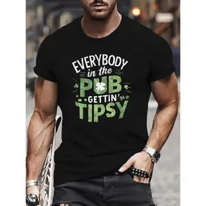 Men's St. Patrick's Day T-Shirt - 1pc Breathable Short Sleeve Tee with "Everybody in the Pub Getting Tipsy" Print, Shamrock Design, Ideal for Pub Crawls, Parties, Casual Wear, Perfect Adult Gift