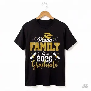 Unisex Proud Family Of a 2026 Graduate T-Shirt | Gold Glitter Print Graduation Family Matching Short Sleeve Tee Grad Party Casual Top for Mom Dad Family