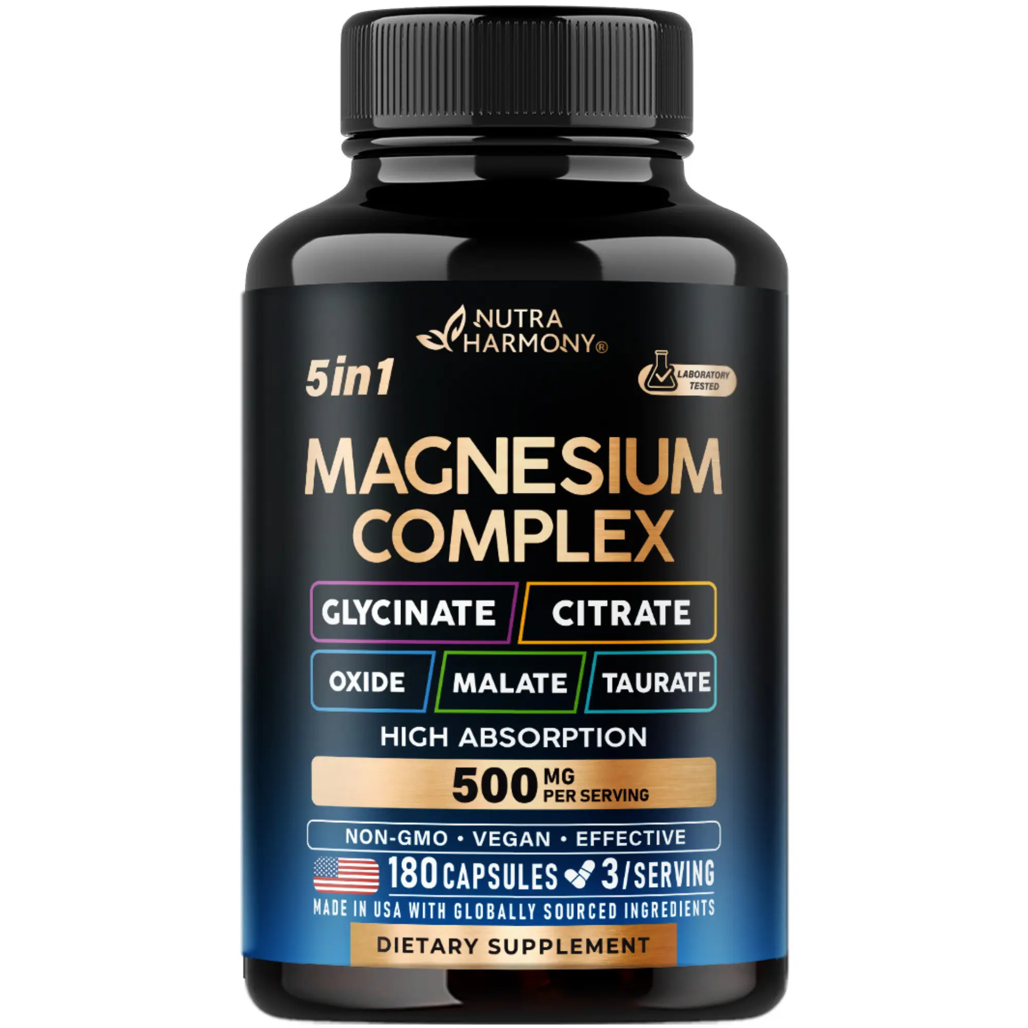 NUTRAHARMONY 5-in-1 Magnesium Complex 500 mg for Sleep Support, Muscle & Heart Health - Made in USA - Healthcare, Dietary