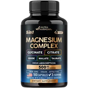 Magnesium Supplement Complex 5 in 1 - Glycinate, Citrate, Malate, Taurate, Oxide for Energy - Made in USA - Vegan, Natural, Non-GMO - 180 Capsules