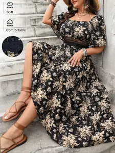 Elegant Floral Print Square Neck Dress, maxi dresses,Long Woven Summer Dress with Lace Detail, Boho, Bohemian, Perfect for Outdoor Dates & Casual Wear