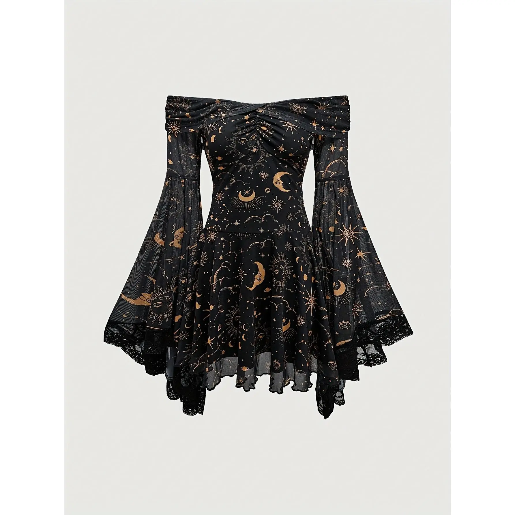 Women's Gothic Formal Maxi Gown with Star Moon Print, Dark Fantasy Aesthetic Off-Shoulder Dress with Lace Bell Sleeves, Goth Clothes, Formal Dress