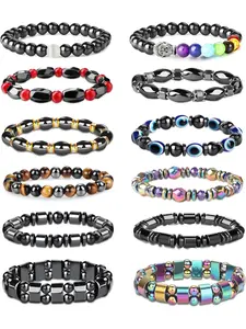 Diverse 12 Pcs Colorful Hematite Magnetic Bracelets for Men Women Cool Tiger Eye Rainbow Beaded Stone Copper Bracelets Set for Parties Festivals