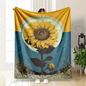 Sunflower Celestial Moon Phases Flannel Blanket Vintage Aesthetic Gold and Blue Floral Print Soft Warm Cozy Lightweight Throw Ideal for Bedroom Sofa Office Travel Gift Decor Use