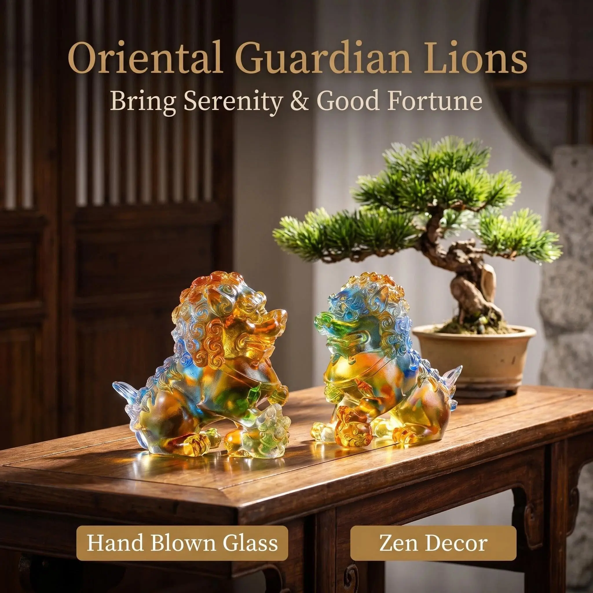 Chinese Guardian Fu Lion Statue Set, Hand Blown Colorful Gradient Liuli Art Glass, Feng Shui Home Decor, Prosperity Table Ornament, Decoration Items