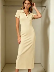 A women's solid-colored polo collar fitted midi dress with figure-flattering silhouette, vibrant, eye-catching colors, Chic elegant aesthetic, suitable for casual occasions such as daily outings, coffee shop visits, afternoon tea with friends