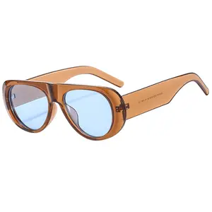 Retro Sunglasses Oval Large Frame UV Resistant Outdoor Driving Shade Glasses with Blue Lenses