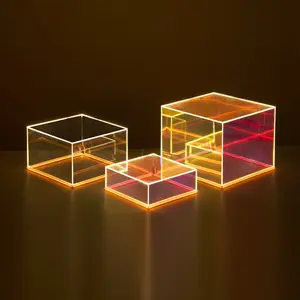 3Pcs Iridescent Acrylic Display Risers with LED light, Stackable Acrylic Cube Boxes Rainbow Display Stand with Hollow Bottom for Figures Jewelry Perfume Purse Food Buffet Riser
