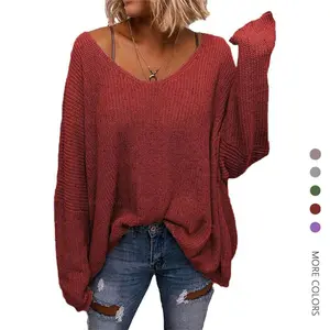 Danedvi Women's Casual Oversized Fit Sweater, Long Sleeve V-Neck Pullover in a Soft Waffle Knit with Ribbed Trim