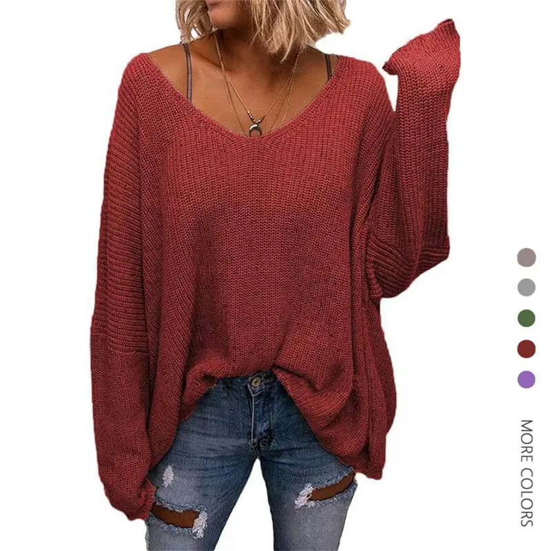 Danedvi Lady's Cotton Waffle-Knit Feminine Knitwear - Basic Style, Loose Oversized Full-Sleeve V-Neck Soft Pullover with Ribbed Trim, Flattering Fit for Casual, Work Wear