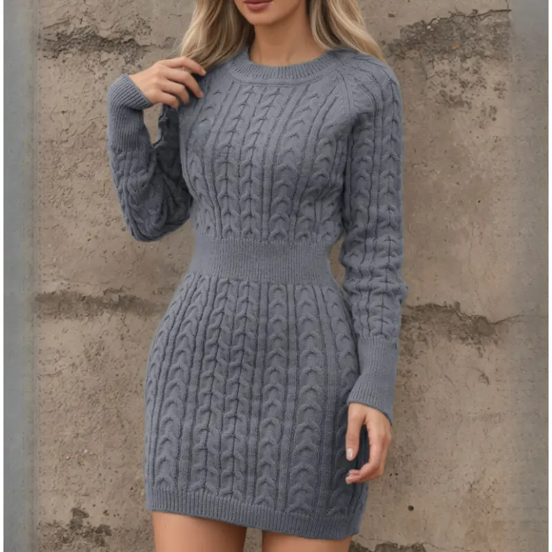 Women's 100% Polyester Basic Plain Round Neck Cable Knit Long Sleeves Pull-On Jumper Dress - Chic Look, Elegant Comfy Classy, Machine Washable for Fall & Winter Daily Outdoor Casual Wear